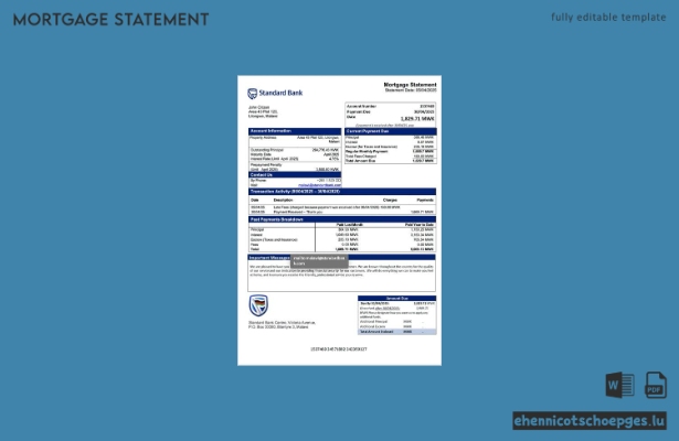 Standard Bank Malawi: Beispiel eines Hypothekenauszugs in Word und PDF (Vorschau)